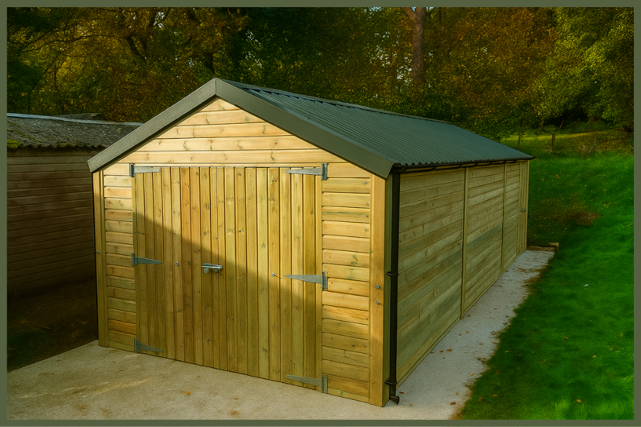 High-quality timber garden storage shed with solid wooden cladding, secure double doors, and a weatherproof roof, ideal for outdoor equipment and tools.